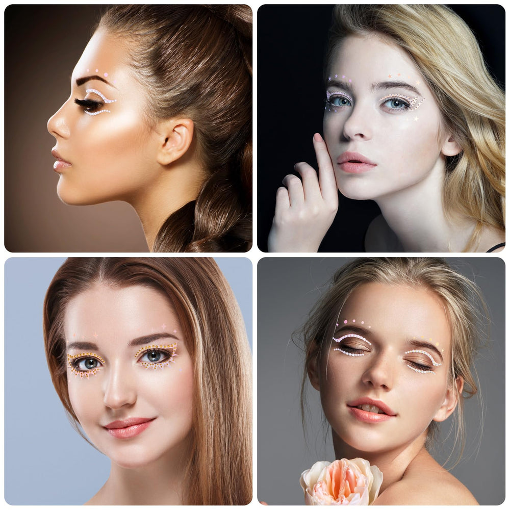 OIIKI eye gems yellow crystal stickers brighten playful makeup looks.