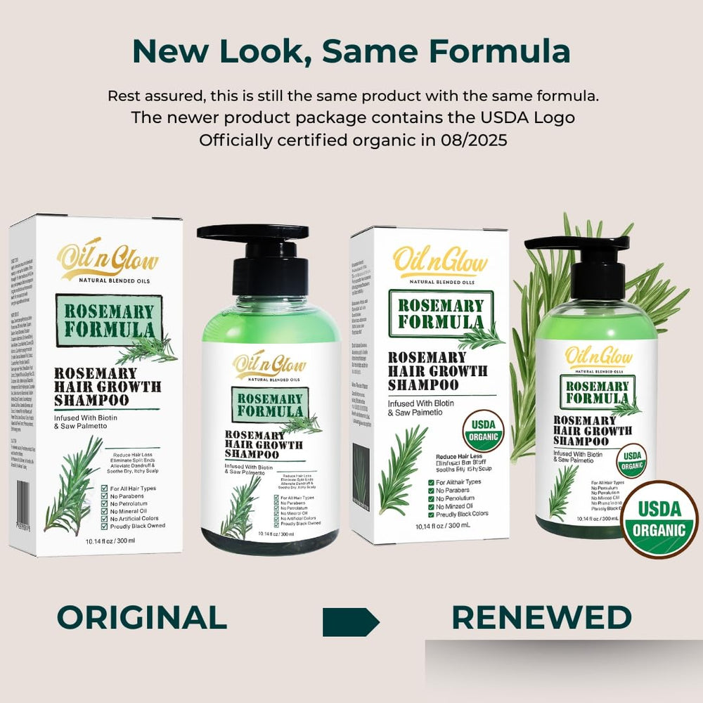 OilnGlow rosemary shampoo label—USDA Organic certification indicating clean ingredients.