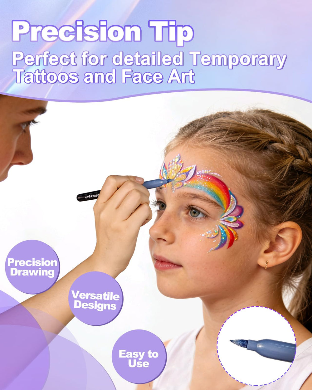 Oiomniv metallic tattoo pen close-up highlighting vibrant, skin-safe ink.