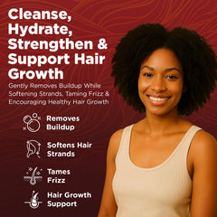 Okaga Batana Oil Conditioner ingredients layout showcases Batana Oil and Biotin benefits.