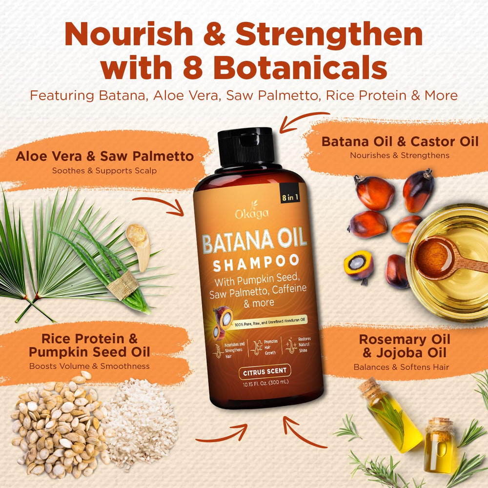 Okaga Batana Oil Shampoo ingredients scene with nourishing oils
