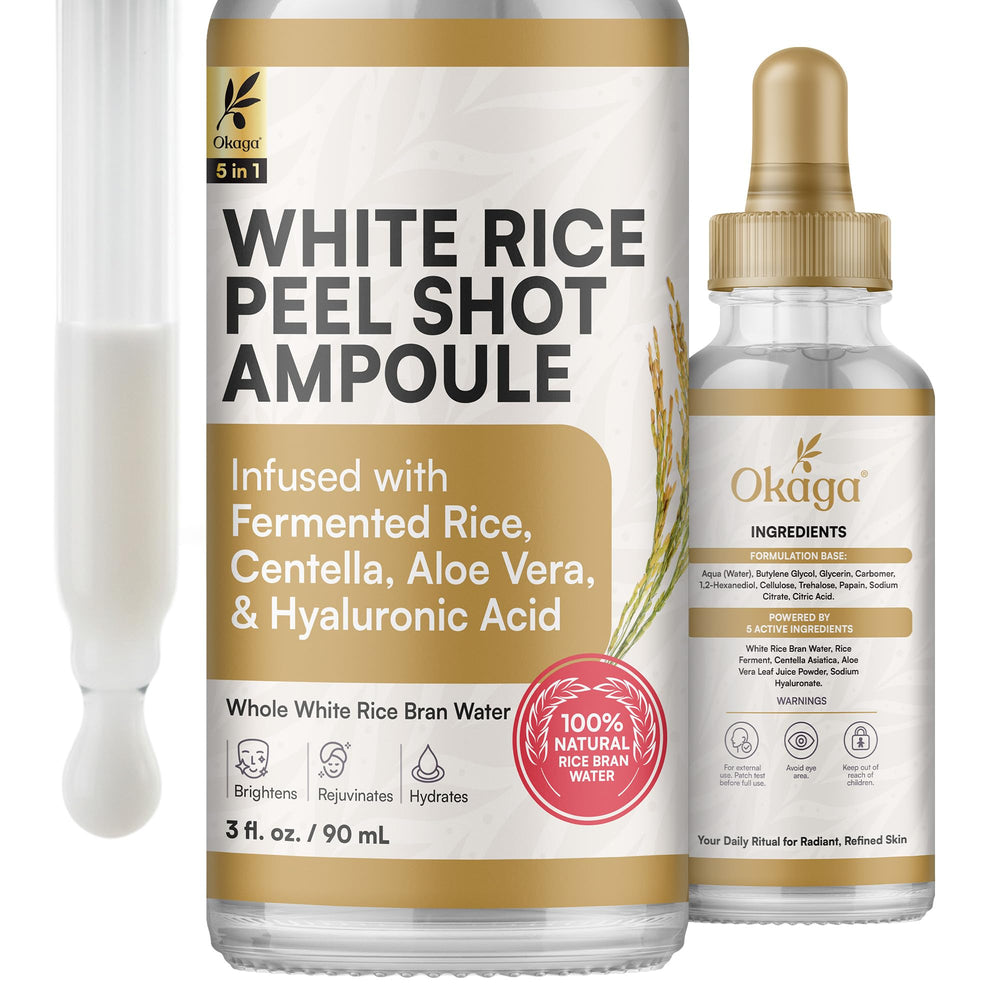 Okaga Rice Peel Shot Ampoule packaging for gentle daily exfoliation routine.