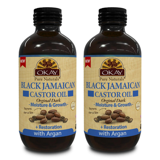 OKAY Black Jamaican Castor Oil bottle with Argan for hair and skin care.