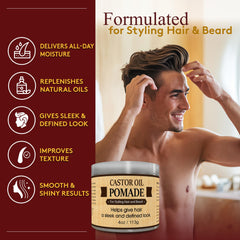 OKAY MEN castor oil pomade applied to hair for nourishing hold and moisture.