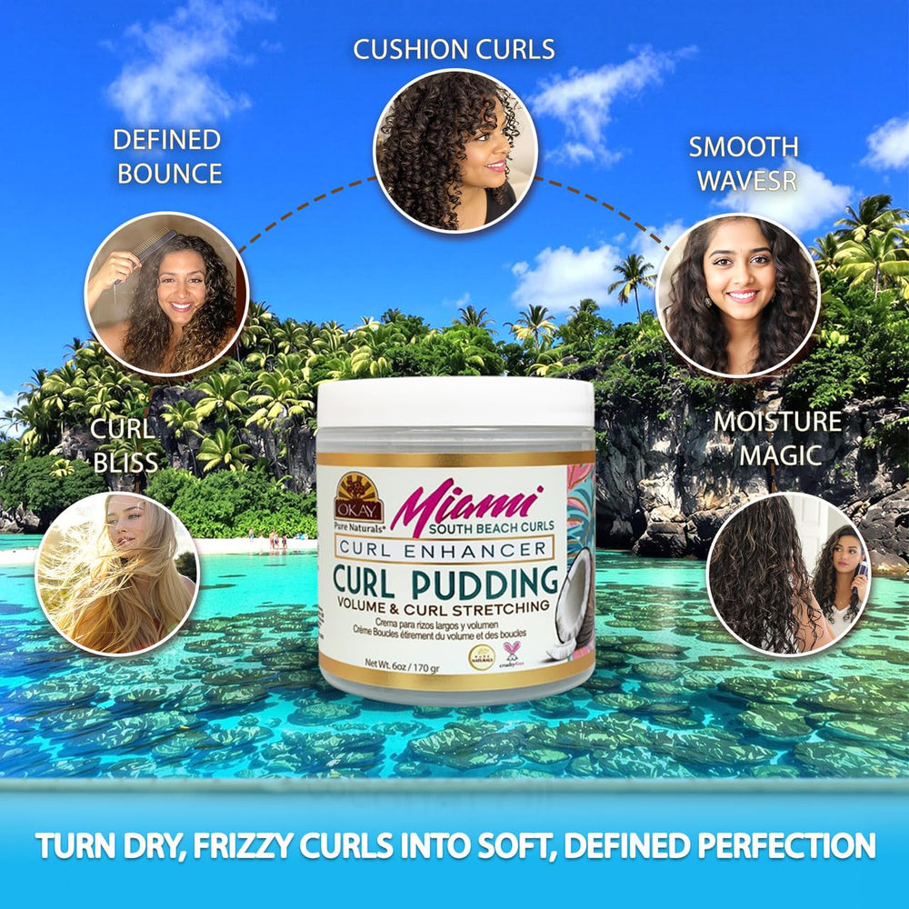 OKAY Miami South Beach Curl Pudding on model’s curls delivers smooth definition.