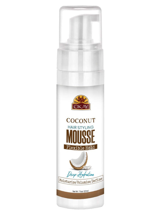Okay Mousse Extra Hold Coconut bottle for easy dispensing and quick styling