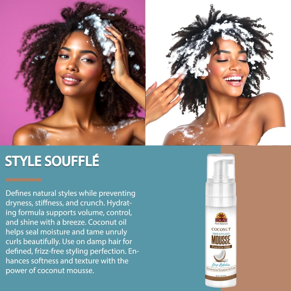 Okay Mousse Extra Hold Coconut foam showing lightweight texture for flexible hold