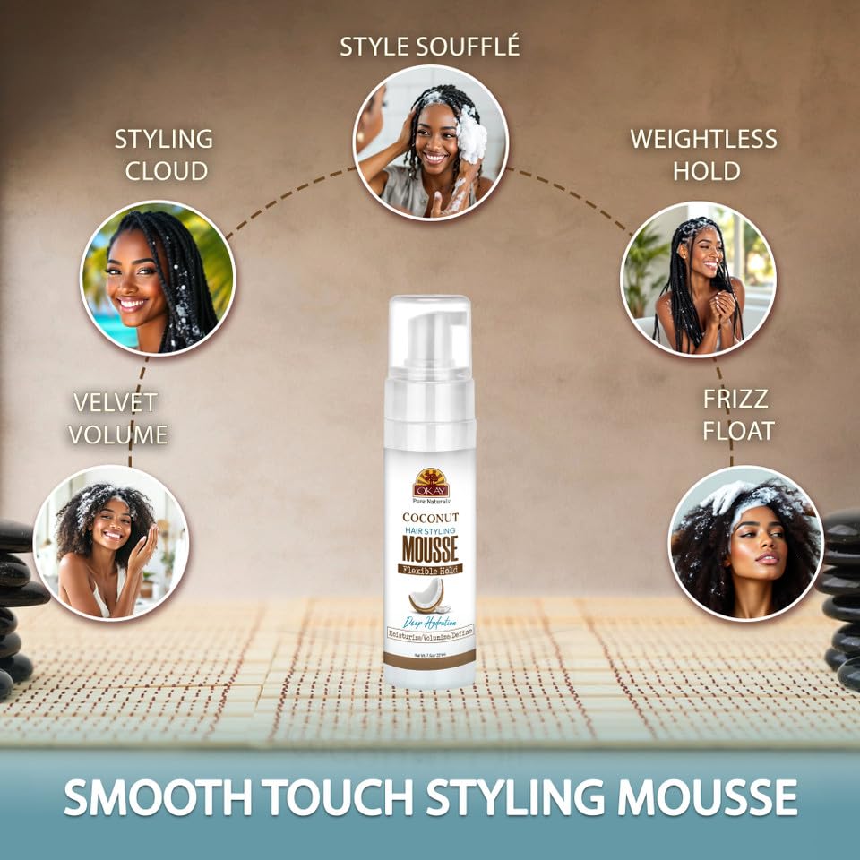 Okay Mousse Extra Hold Coconut styled hair with frizz control and lasting shape