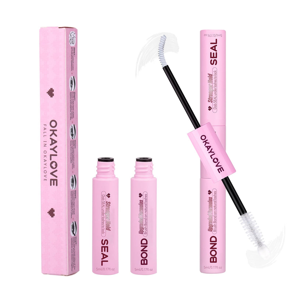 OKAYLOVE Lash Cluster Glue bottle demonstrates a quick, strong bond for natural-looking lashes.