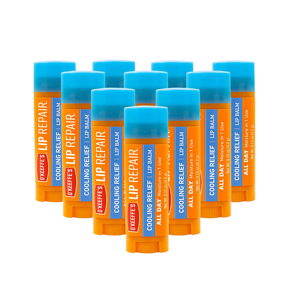 O'Keeffe's Lip Repair cooling relief lip balm close-up texture shows instant hydration.