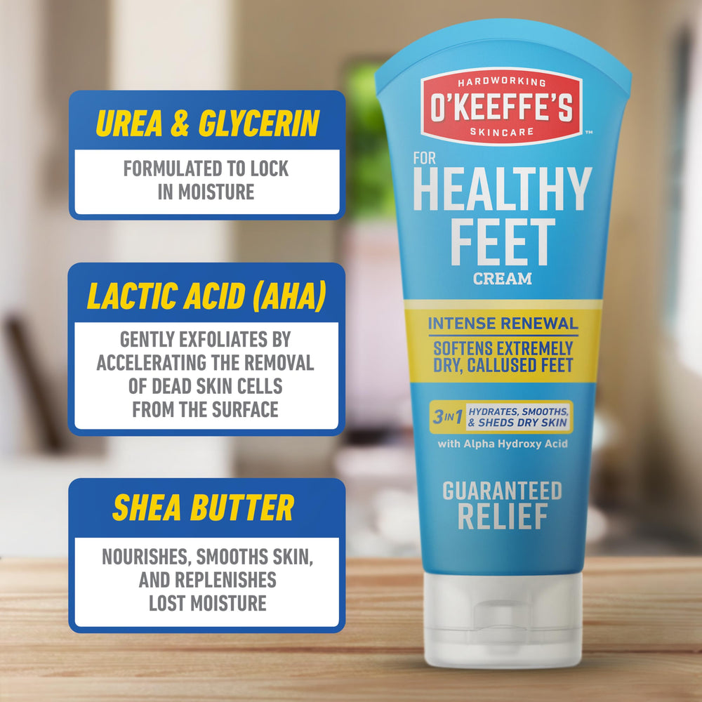 O'Keeffe's Healthy Feet Intense Renewal Cream tube close-up with barrier protection