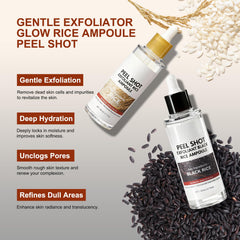 OLACLUK Peel Shot Glow Black Rice bottle highlighting pore care and radiance.