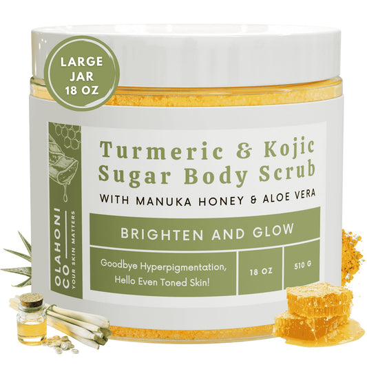 Olahoni kojic-turmeric-manuka-sugar-scrub jar close-up highlighting exfoliation for brighter skin.