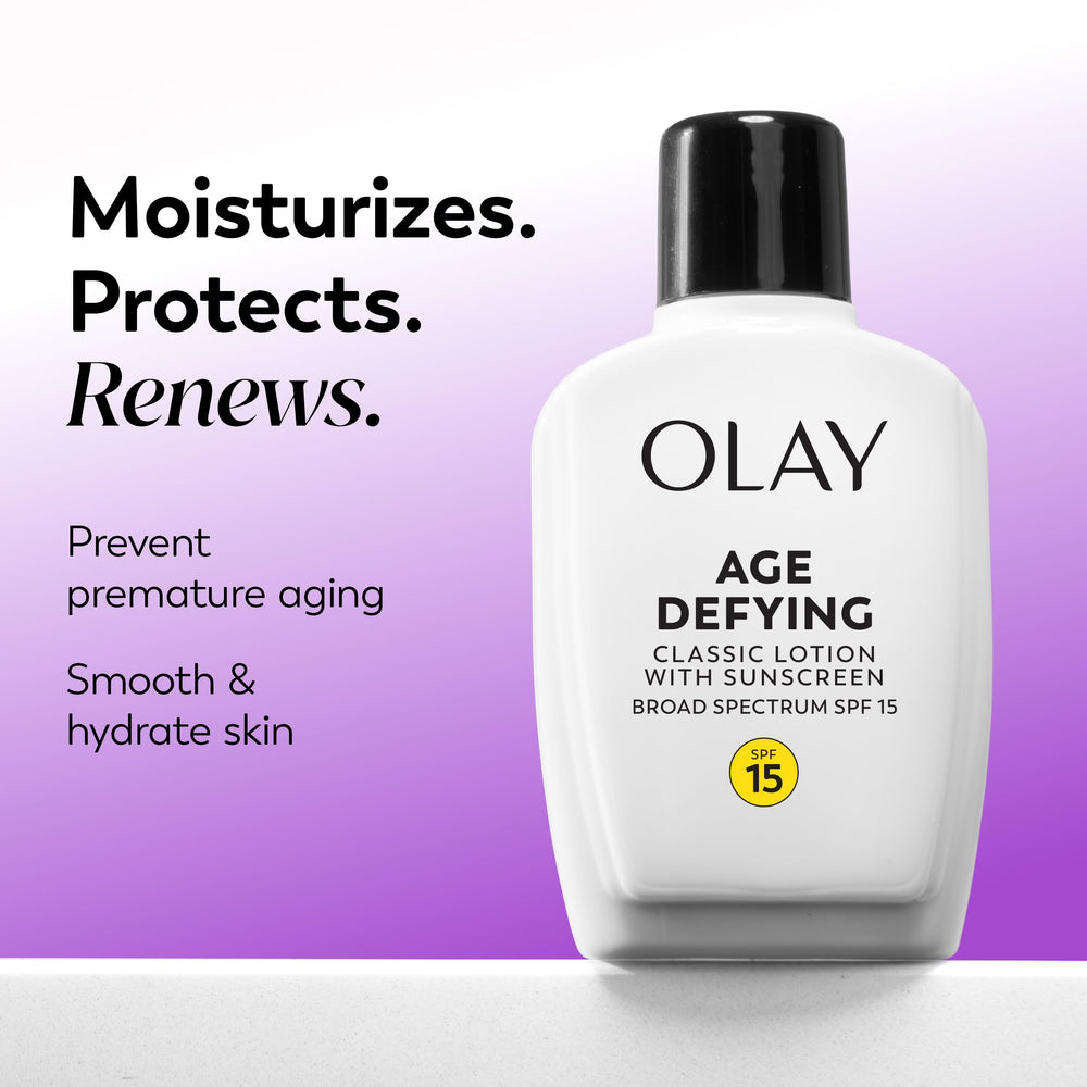 Olay Age Defying Classic lotion spread on hand shows lightweight absorption.