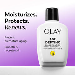 Olay Age Defying Classic lotion spread on hand shows lightweight absorption.