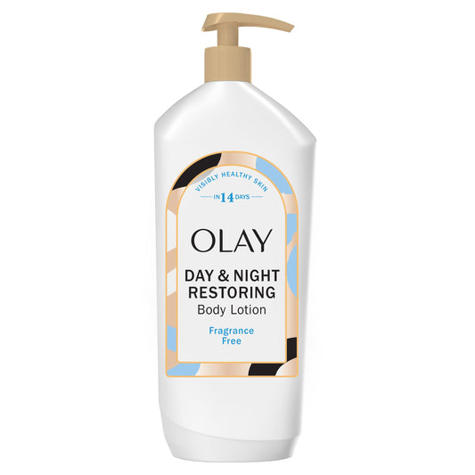 Olay Body Lotion bottle on display for day and night hydration.