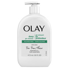 Olay Deep Gel Cleanser bottle with tea tree oil for a refreshing cleansing routine.