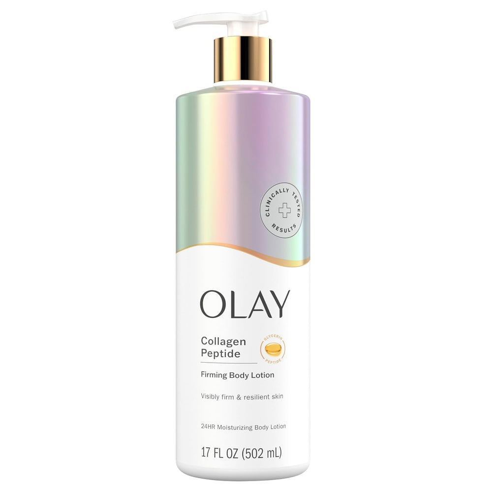 Olay Firming & Hydrating Lotion bottle pump delivers collagen moisture for smoother skin.