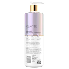 Olay Firming & Hydrating Lotion texture swirl shows quick absorption and lightweight feel.