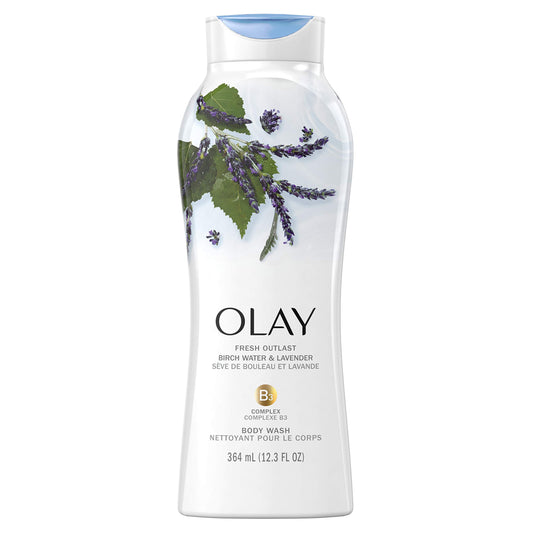 Olay Fresh Outlast Birch Water & Lavender bottle pouring, refreshing shower experience