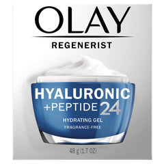 Olay Regenerist Hyaluronic Plum Refresh Ultralight Gel bottle showing lightweight hydration for all-day wear.