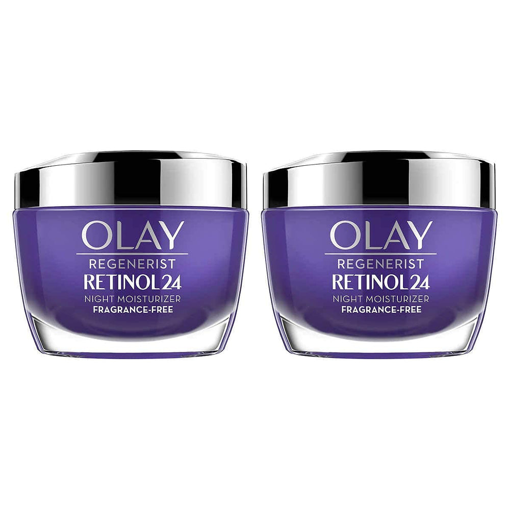 Olay Regenerist Retinol 24 Night Cream bottle; fragrance-free, quick-absorbing nightly moisturizer for 24-hour hydration.