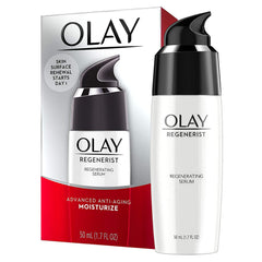 Olay Regenerist serum bottle pour showing silky texture for instant hydration