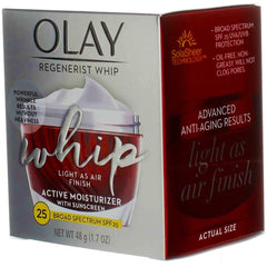 Olay Regenerist Whip SPF25 ingredients panel hints at amino peptide complex II benefits.