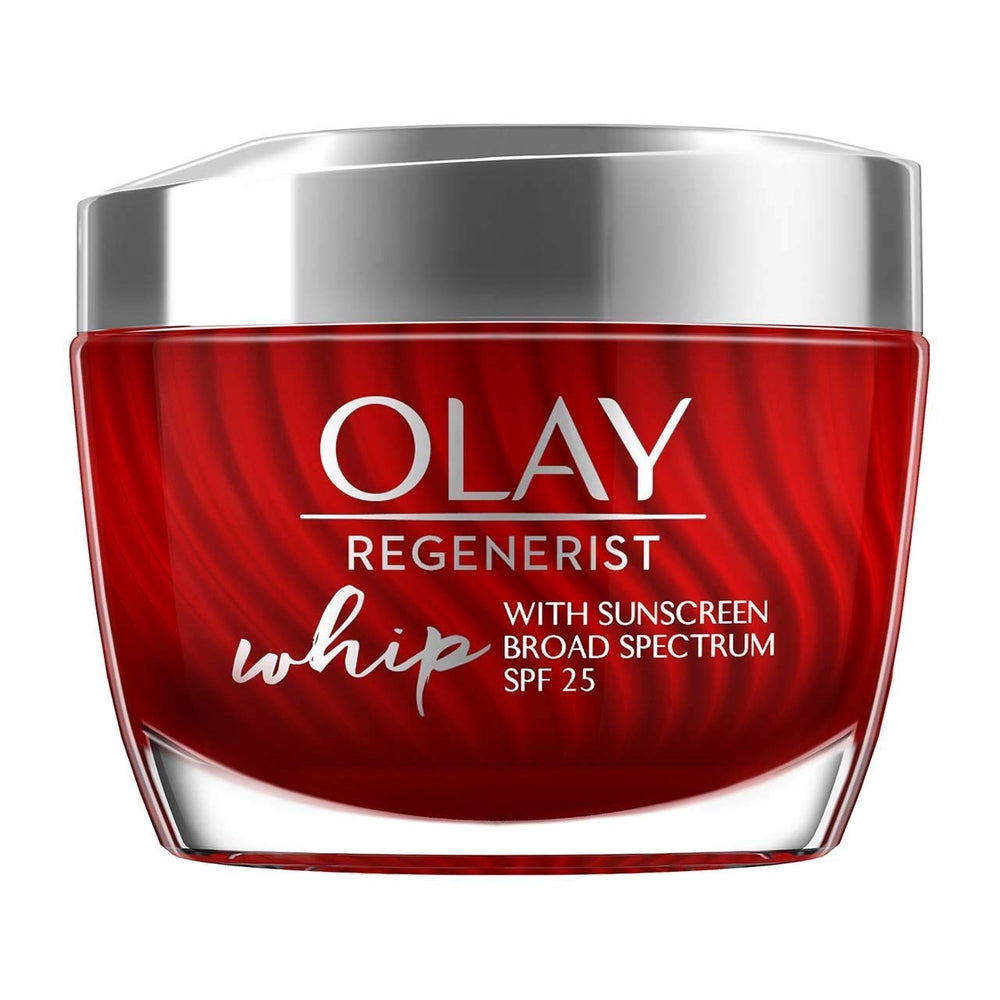 Olay Regenerist Whip SPF25 jar front showing lightweight, breathable protection for daily use.