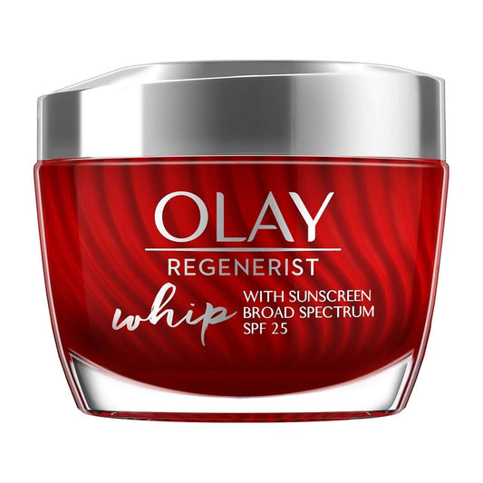Olay Regenerist Whip SPF25 jar front showing lightweight, breathable protection for daily use.
