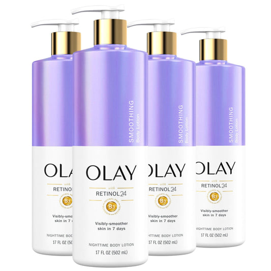 Olay smoothing hand and body lotion bottle highlights retinol and B3 for fast absorption.