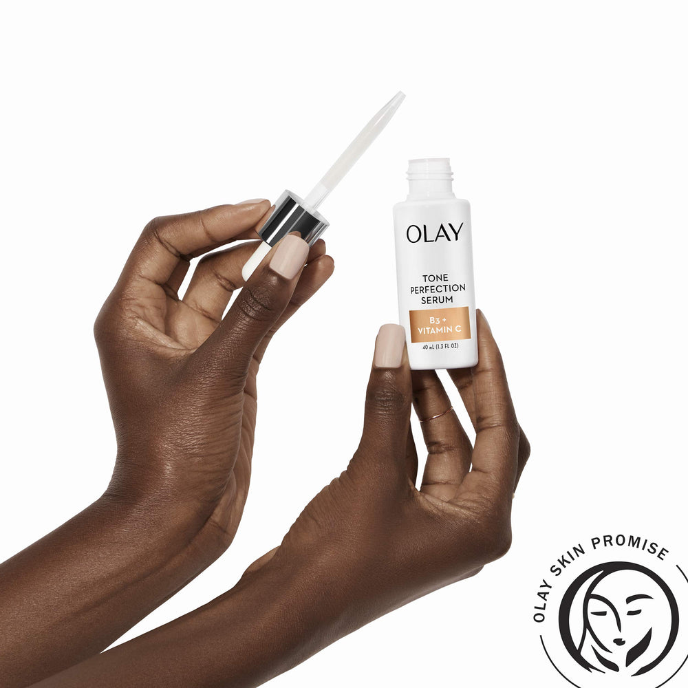 Olay Tone Perfection Serum daytime routine with bottle and skin care.