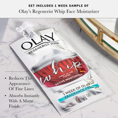 Olay travel set packaging highlighted for on-the-go skincare routines.