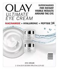 Olay Ultimate Eye Cream bottle close-up highlighting hydration for brighter under-eye skin.