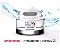 Olay Ultimate Eye Cream packaging on vanity promoting a nourished, awake look.