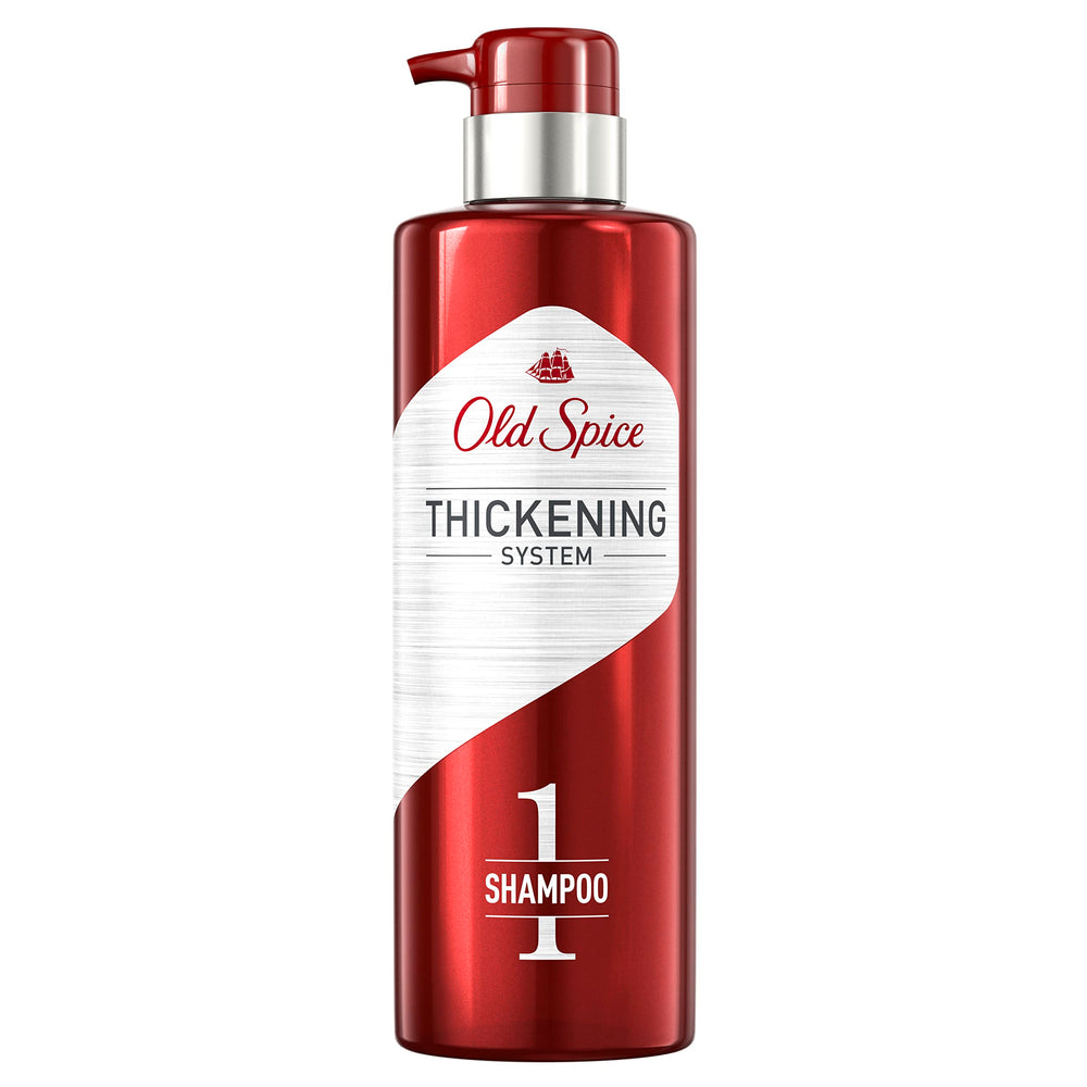Old Spice Biotin Shampoo bottle close-up showing fuller-looking hair.
