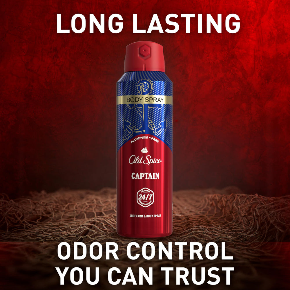 Old Spice Captain extended fragrance note on bottle, implying long-lasting freshness.