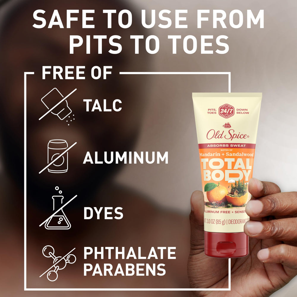 Old Spice Total Body Deodorant, dermatologist-tested for skin compatibility.