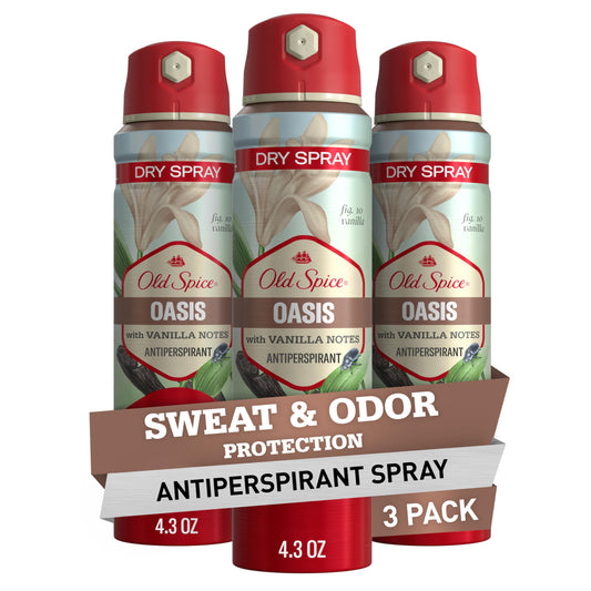Old Spice Oasis vanilla argan bottle shows 24/7 sweat protection for daily wear.