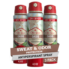 Old Spice Oasis vanilla argan bottle shows 24/7 sweat protection for daily wear.
