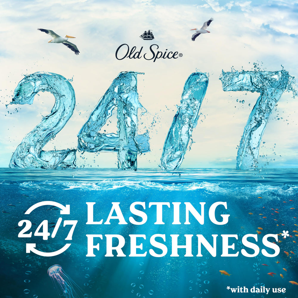 Old Spice exfoliating particles visible for a deeper, refreshed cleanse.