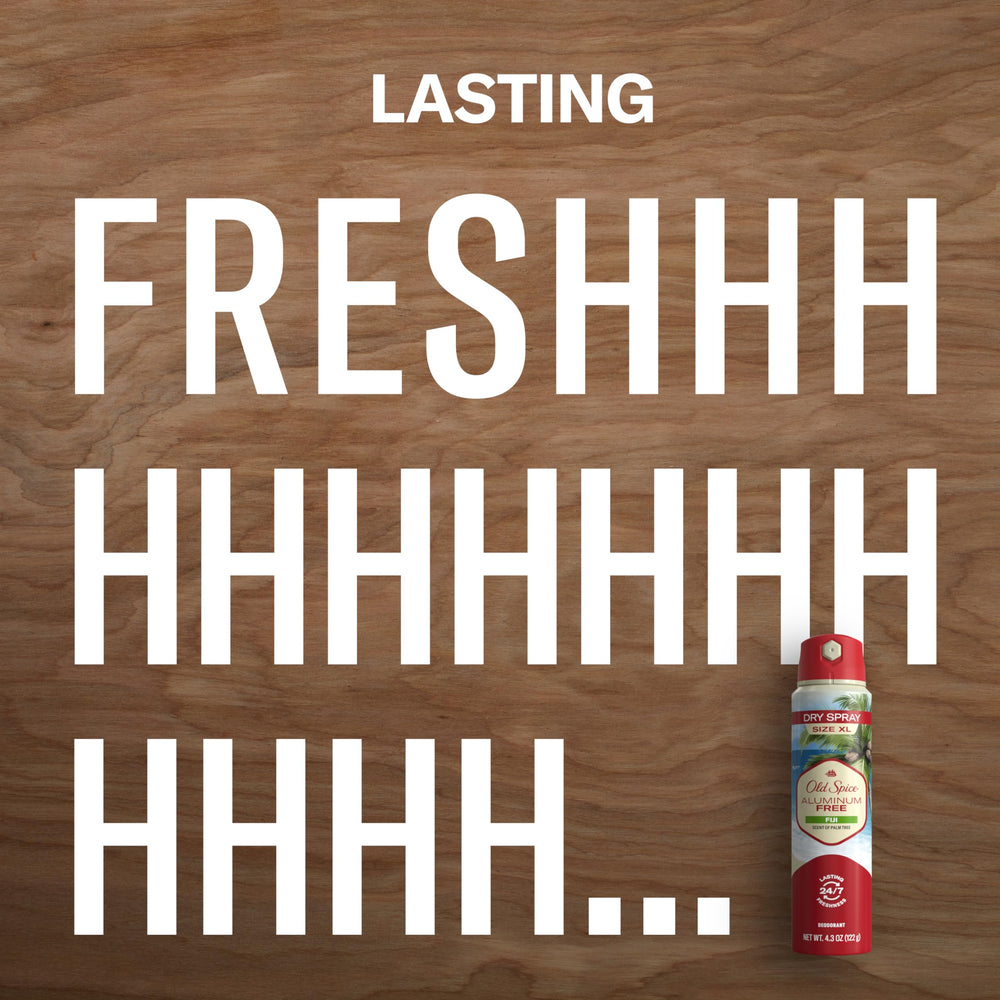 Old Spice Fiji dry spray front label highlighting aluminum-free formula.