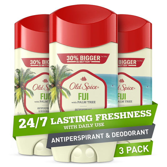 Old Spice Fiji stick front view with palm tree scent for all-day freshness.