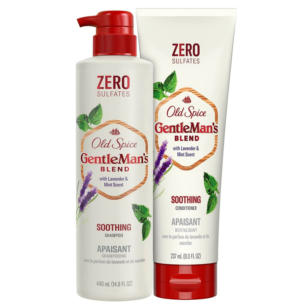 Old Spice Gentlemans Blend Shampoo bottle pour with lavender and mint, gentle cleansing.