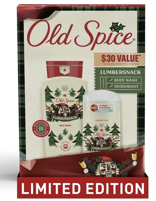 Old Spice LumberSnack deodorant stick in festive package for all-day freshness.