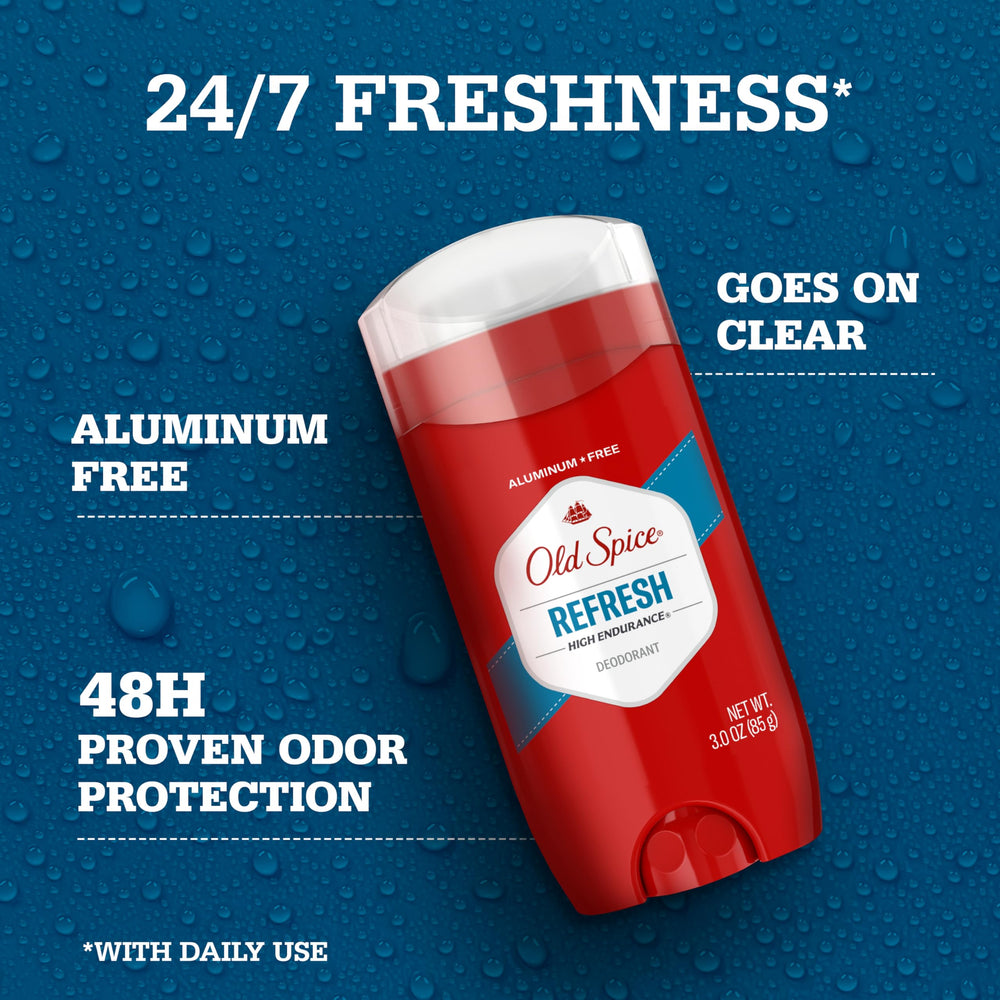 Old Spice Refresh scent deodorant for men delivers 24/7 odor protection with a lasting, fresh aroma.