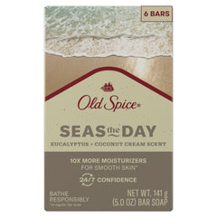 Old Spice Seas the Day bar soap front view shows refreshing eucalyptus and coconut cream scent.