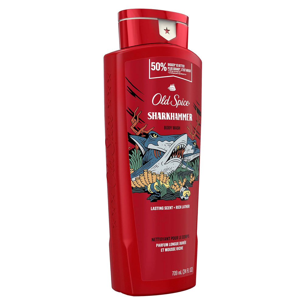 Old Spice Sharkhammer bathroom-counter display emphasizes rugged branding and scent.