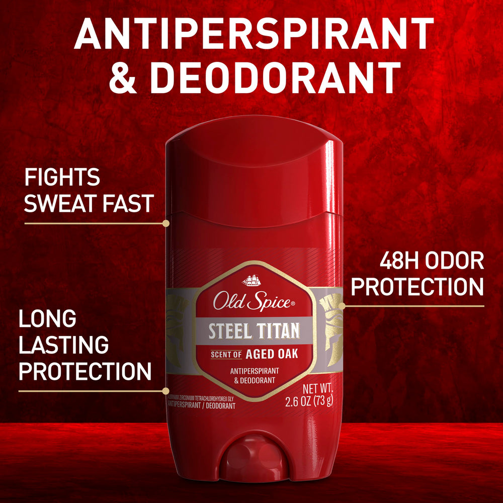 Old Spice Steel Titan Aged Oak pack back label highlights key benefits.