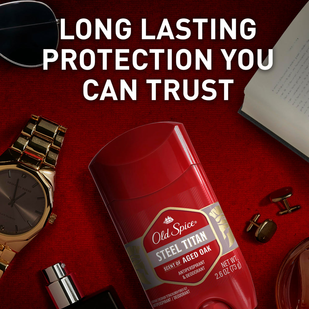 Old Spice Steel Titan aged oak scent swatch conveys masculine lasting fragrance.